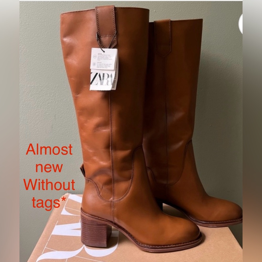 Zara Tan Leather Tall Boots - Almost new Without Tags size 38 / 8